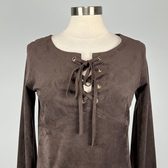 Chelsea Violet Womens Brown Faux Suede Shift Dress Lace Up Bodice size Small - Picture 2 of 12